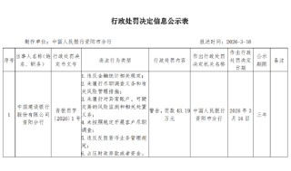 建行资阳分行被罚43.19万元：未履行尽职调查义务和有关风险管理措施等