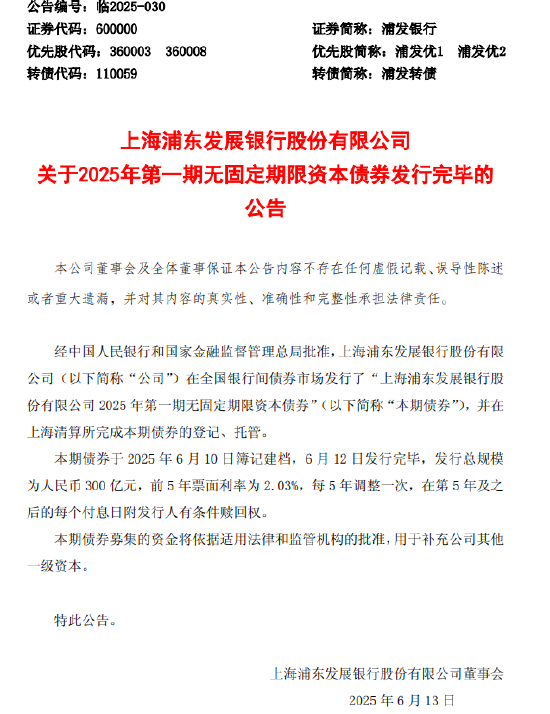 浦发银行：300亿元无固定期限资本债券发行完毕  第1张