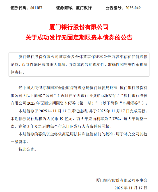厦门银行:成功发行19亿元无固定期限资本债券 第1张 厦门银行:成功发行19亿元无固定期限资本债券 第1张