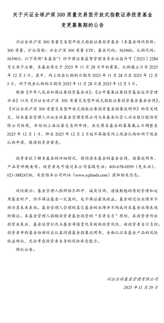 兴证全球沪深300质量ETF提前结募 第1张 兴证全球沪深300质量ETF提前结募 第1张