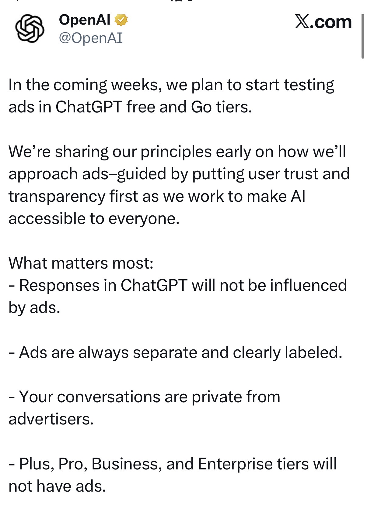 OpenAI等不起了?ChatGPT宣布加广告,用户不买账 第1张 OpenAI等不起了?ChatGPT宣布加广告,用户不买账 第1张