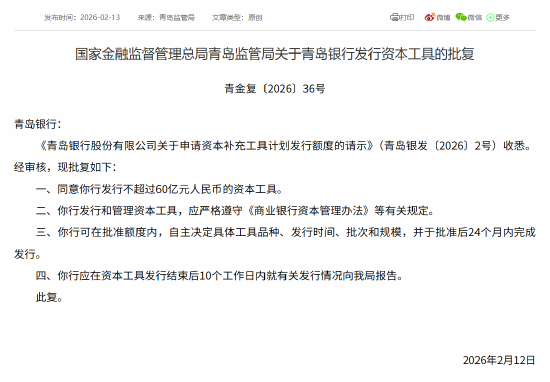 青岛银行获批发行不超过60亿元人民币的资本工具  第1张